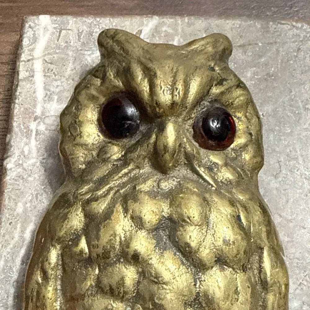 Antique OWL Figural Brass & Marble Desktop Paper Holder Paperclip Vintage Unique